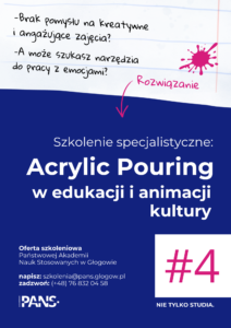 Plakat szkolenia Acrylic Pouring przedstawiający brak pomysłów na kreatywne zajęcia i pracę z emocjami oraz ofertę szkoleniową PANS w Głogowie